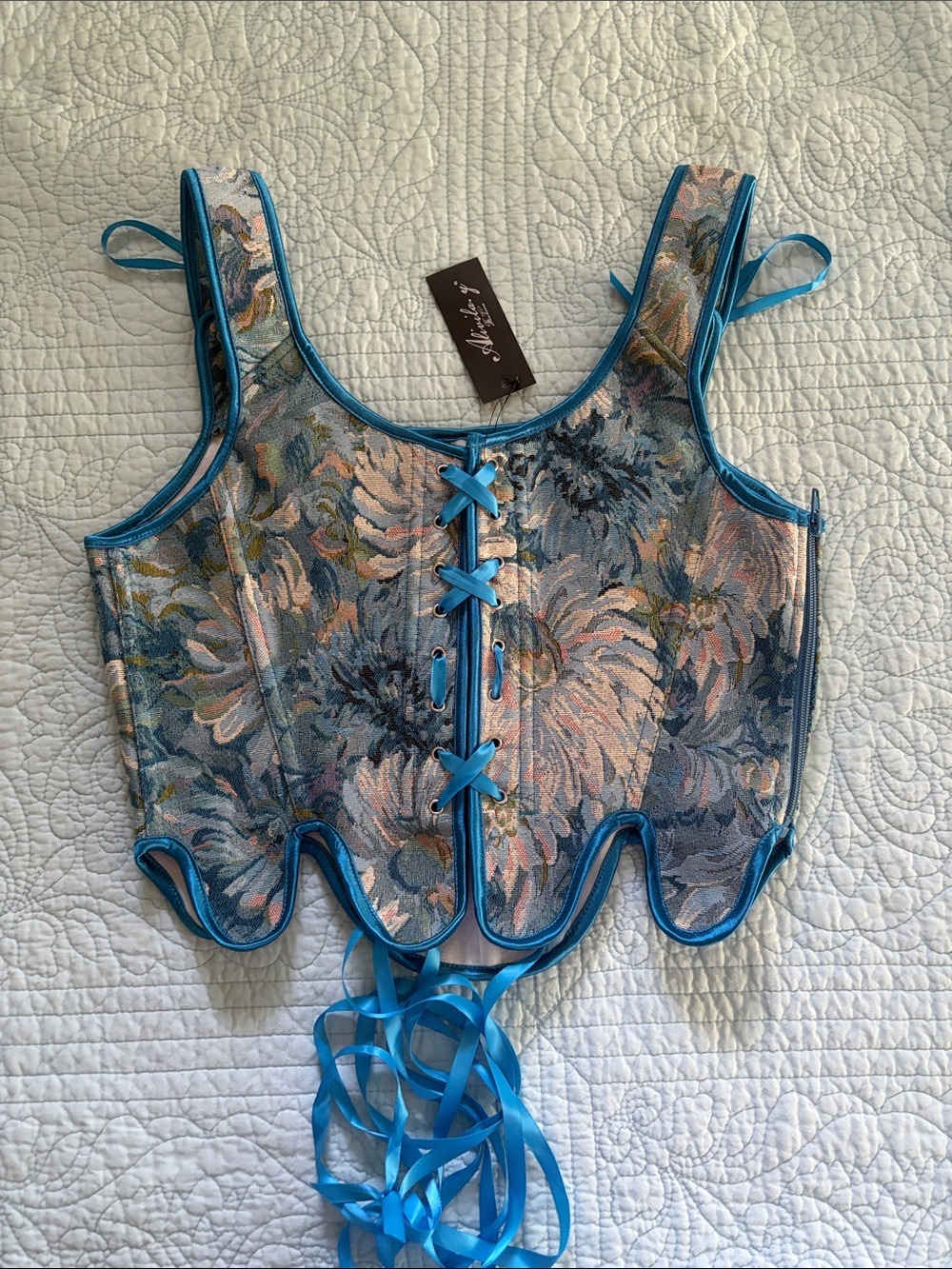 Floral Tapestry Corset Top with Teal Trim - Picture 5 of 8